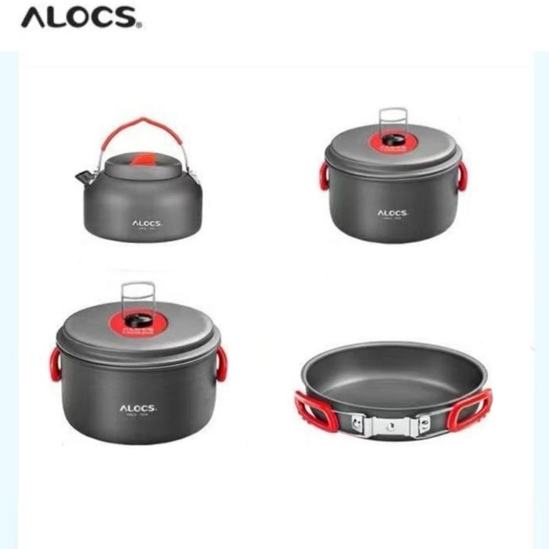 ALOCS Походная посуда для кемпинга 4-в-1 - Кастрюля с резьбовым дном, Компактная конструкция, Семейный кемпинг (2.2л + 1.4) Большая кастрюля + Сковорода + Чайник
