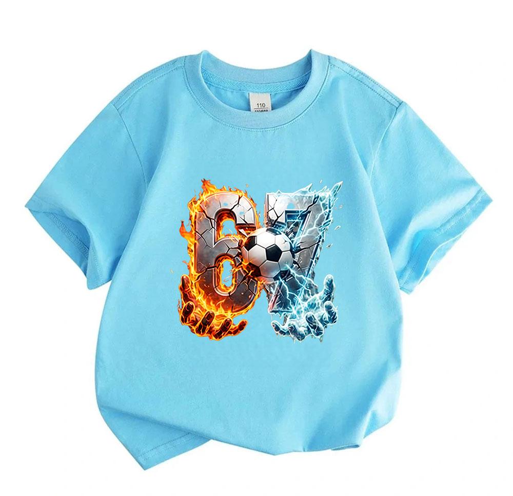 Kids Boys Girls 100% Cotton Crew Neck Short Sleeve T-Shirt, Cool Fire Ice 67 Soccer Football Graphic Casual Soft Summer Tee for Children Daily Wear