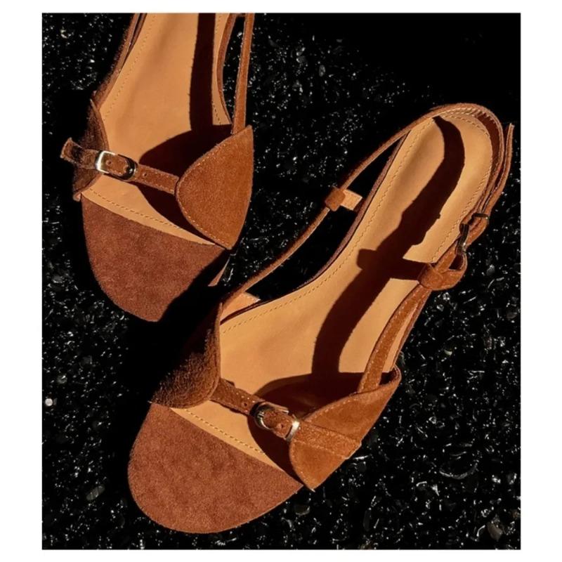 Женские босоножки с пряжкой на поясе и полым каблуком, слипоны, лето 2024, новые распродажи, модные повседневные женские босоножки из матовой замши с открытым носком