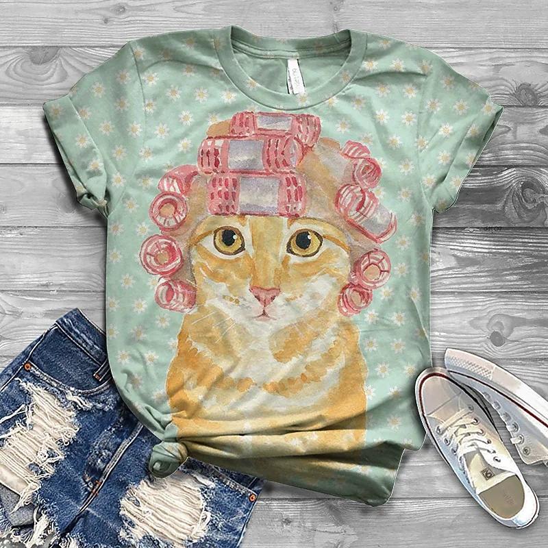 Summer Women's Fashion Short Sleeve T-shirt Cat 3D Print Hot Sale Streetwear Female Shirt O-Neck Regular Casual Blouse
