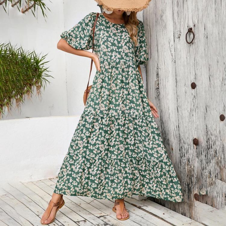 Women Summer Casual Floral Print O Neck Dress High Waist Loose Large Size Ankle Length Middle Long Sleeve Spring Dress