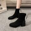 Мода 2024 года Модная женская обувь Женские ботинки на молнии Осень-зима Квадратный носок Замшевые теплые однотонные короткие бочонки на толстом каблуке Женские ботинки