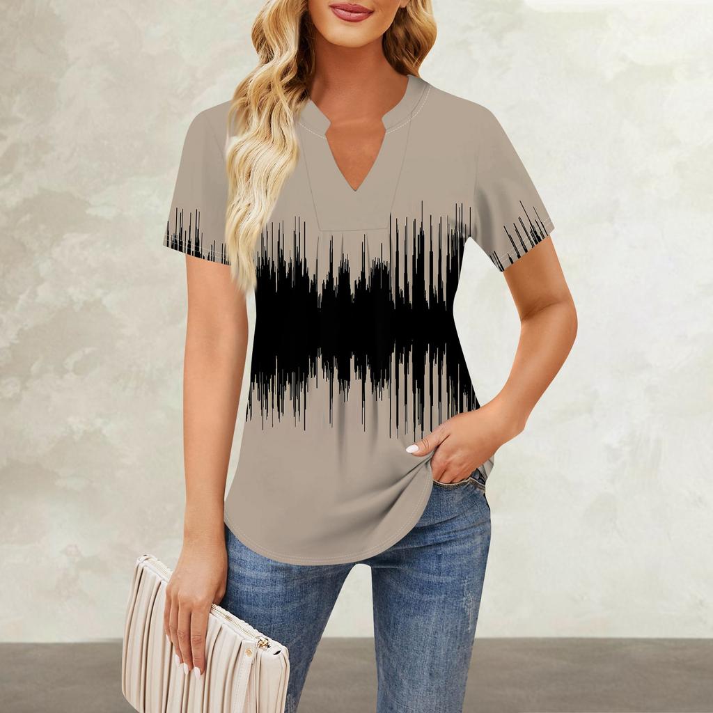 Женская повседневная свободная футболка с коротким рукавом и v-образным вырезом на груди, плиссированная свободная футболка с принтом, топ