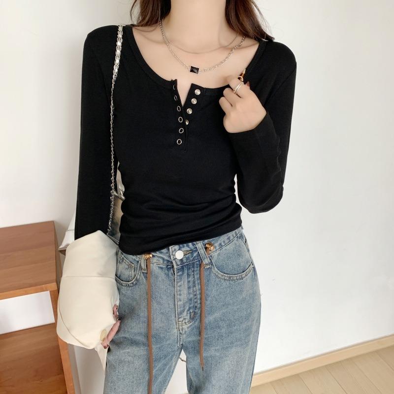 Retro Slim-fitting U-neck Front Shoulder Snap-button Semi-open Neck Long-sleeved T-shirt Women's Top Autumn Solid Color Thin Bottoming Shirt