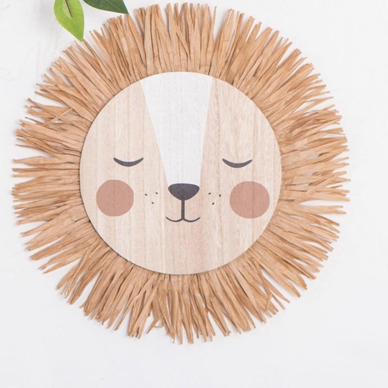 Cartoon Lions Hangings Decorations Creative Animal Head Ornament Handwovens Raffias Wall Decors for Farmhouses Bedroom Home