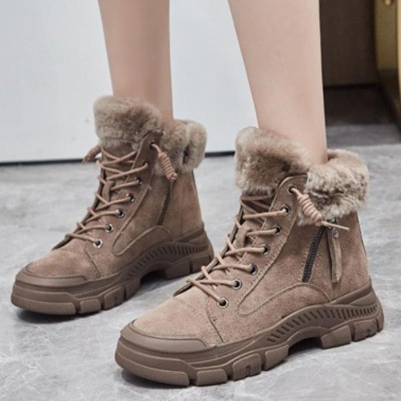 Модные Уютные Теплые Плюшевые Ботильоны Женские Модные На шнуровке С боковой молнией Дизайнерские Ботинки Зимние Повседневные На толстой подошве Снежные ботинки Zapatos De Mujer