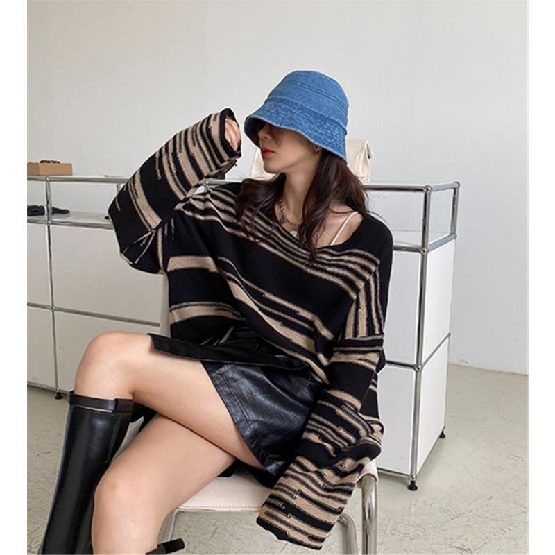 НОВЫЙ женский панк-готический полосатый свободный свитер с длинными рукавами в стиле хип-хоп, ретро-пуловер больших размеров, повседневные вязаные джемперы