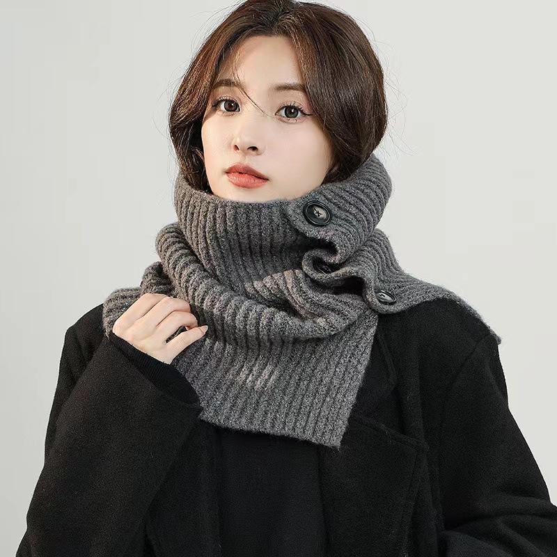 Retro Warm Knitted Wool Button Scarf Women's Fashion Versatile Split Neck Cover Cold Neck Protection Shawl