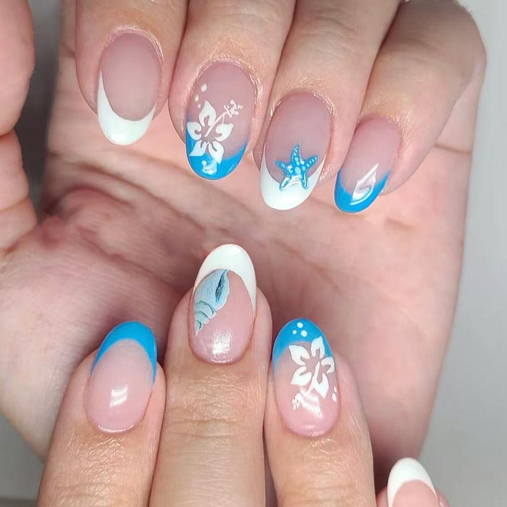 Французские блестящие накладные ногти с градиентом, пластиковые, многоразовые, с цветочным дизайном, для повседневного ношения и вечеринок