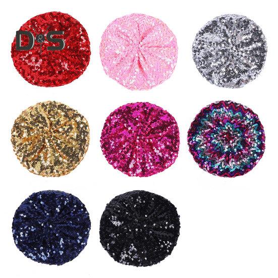 Sequin Beret for Women Sparkling Stage Effect No Brim Flat Top Solid Color Parties Performances Headwear Lady Cap