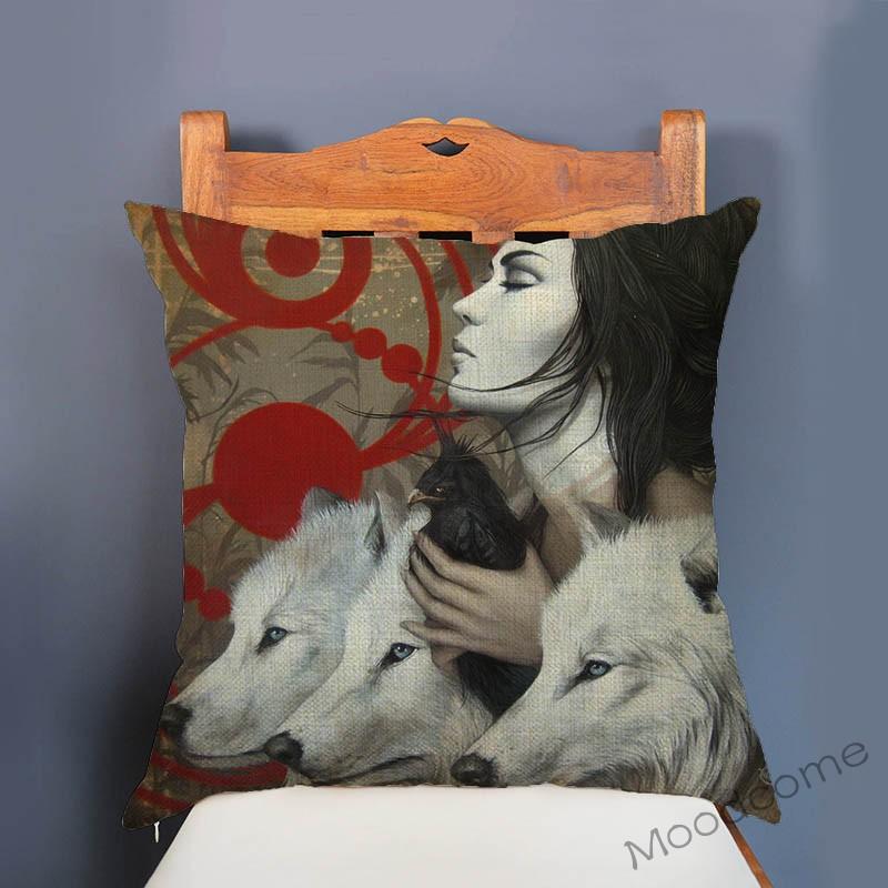 Dreamy Beautiful Scene Goddness Girl With Wild Animals Floral Home Decorative Sofa Pillow Case Modern Art Linen Cushion Cover