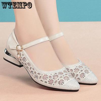 Женские босоножки на низком каблуке, мягкая кожаная сетка, удобные и универсальные модные одинарные туфли со стразами и жемчужной пряжкой на мягкой подошве