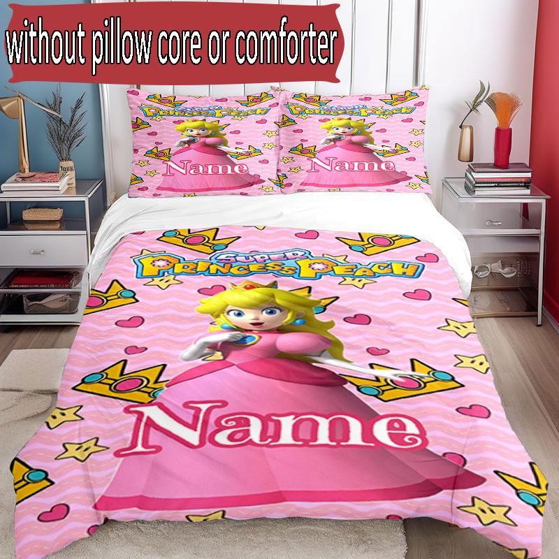 3pcs Duvet Cover Set (1*Duvet Cover + 2*Pillowcase, Without Core), Custom Name Princess Peach Toadstool Pattern Bedding Set, Home Bedroom Decor Gift