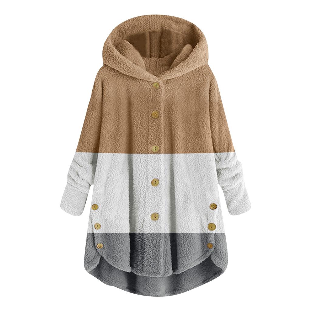 Women Plus Size Button Plush Tops Hooded Patchwork Loose Cardigan Wool Coat Winter Jacket