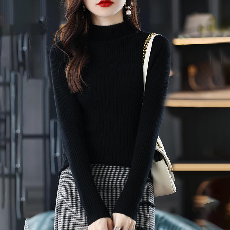 Универсальный женский тонкий пуловер, однотонный базовый свитер с длинным рукавом, осенне-зимний минималистичный трикотажный свитер с полуводолазкой