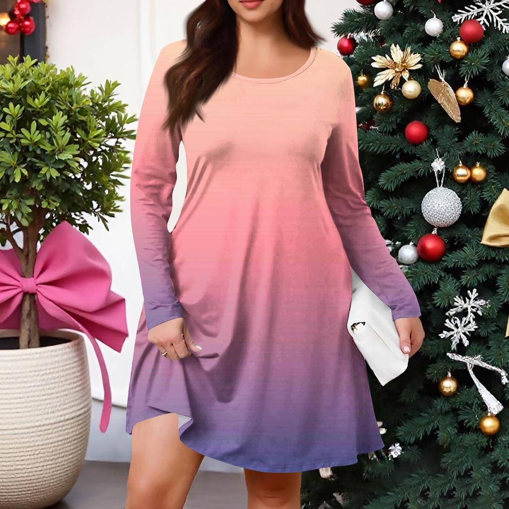 Женское повседневное платье большого размера с градиентным принтом, карманом, круглым вырезом и длинными рукавами, для весны/осени