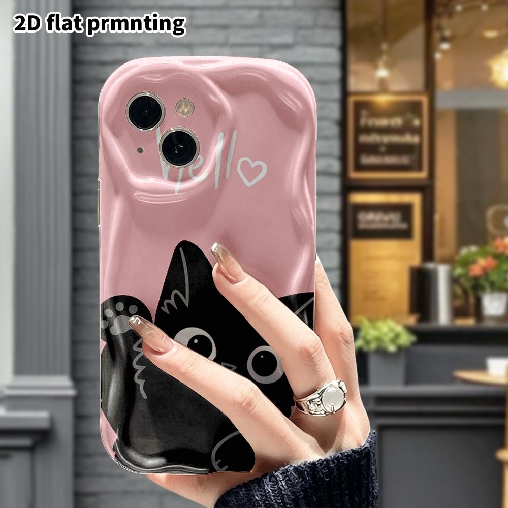 Phone Case: 2D flat design suitable for iPhone 18 17 16 15 14 13 Pro protective case, pink background with little black cat, perfect Christmas and Hal