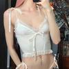 Lace Trim Crop Top Aesthetic White Bow Cute Sweet Mini Vest Knitted Basic Casual Tee Women Summer Backless Beach