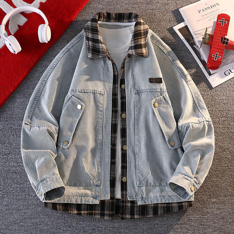 Модная мужская джинсовая куртка с клетчатыми вставками 2025 - Имитация двубортной куртки с отложным воротником для весны и осени