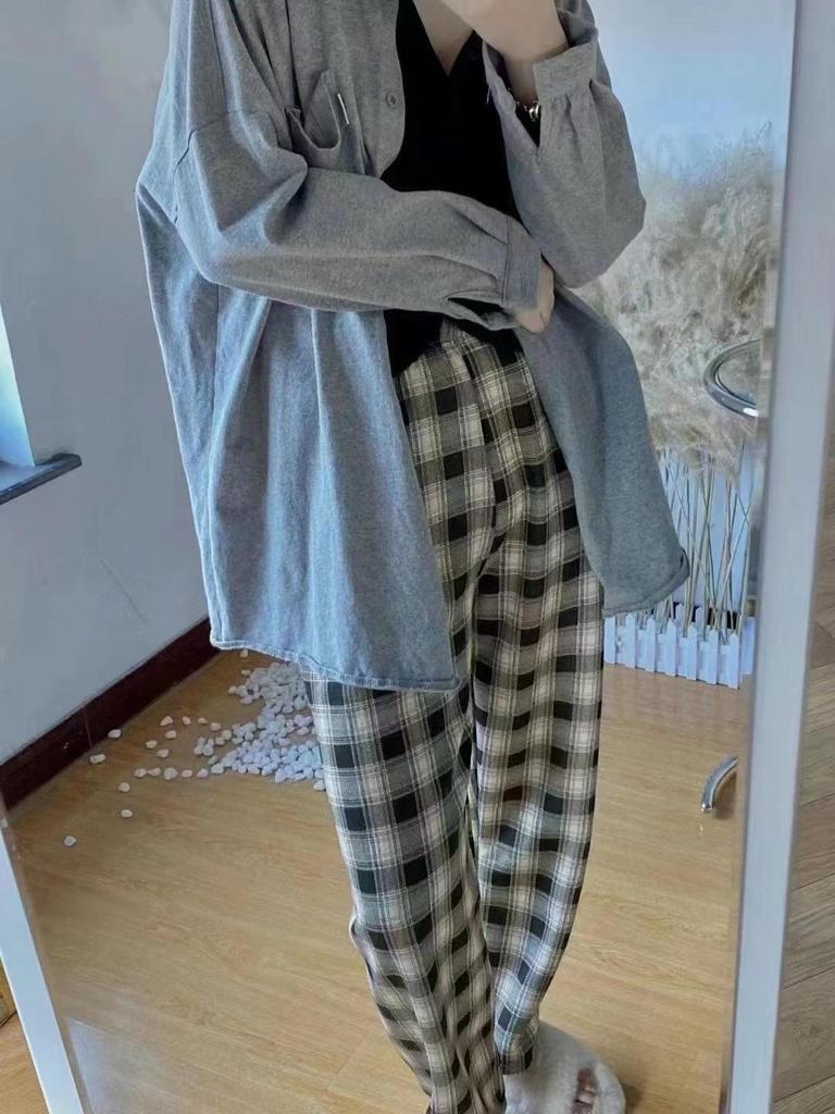 Women's High-Waisted Fleece-Lined Wool Plaid Wide-Leg Pants