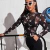 New Printed Sexy Mesh Butterfly Long Sleeved Mesh Long Sleeved T-Shirt