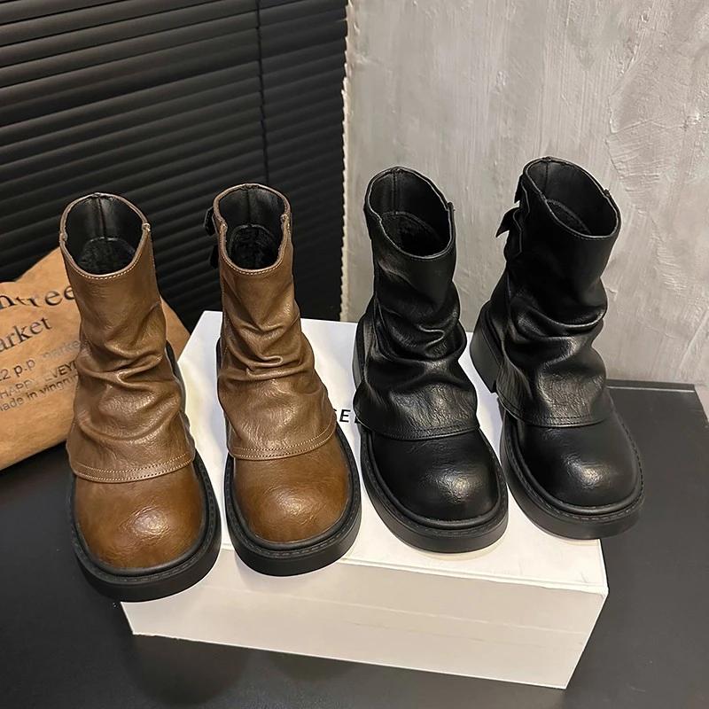 Ботильоны женские на платформе, средний каблук, зимняя женская кожаная обувь 2025 года, тренд, новинка, массивные, модные, теплые, удобные, зимние ботинки Mujer