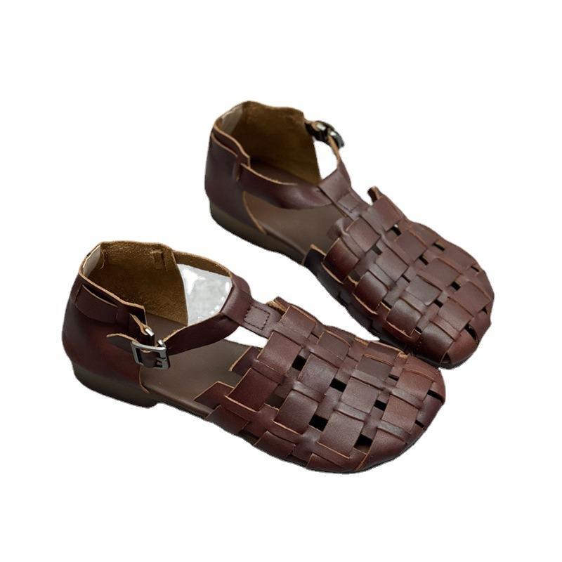 Туфли ручной работы из натуральной кожи с круглым носком, мокасины, повседневные сандалии на мягкой подошве