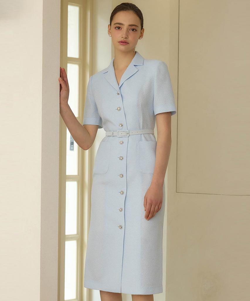 Julie And Kara 25Hs Collar 120 Terroir Line Queen Long Tweed Dress Sky Blue