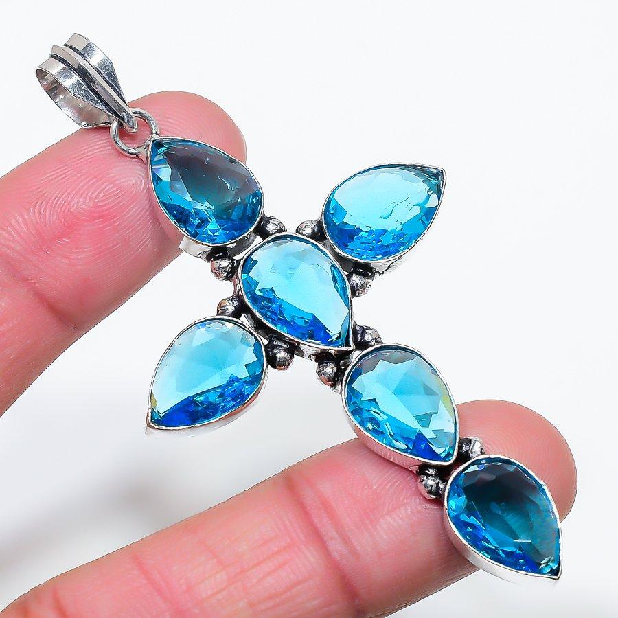 Lab Created London Blue Topaz Cross Pendant 3.2" Silver Tone Pear Cut Gemstone