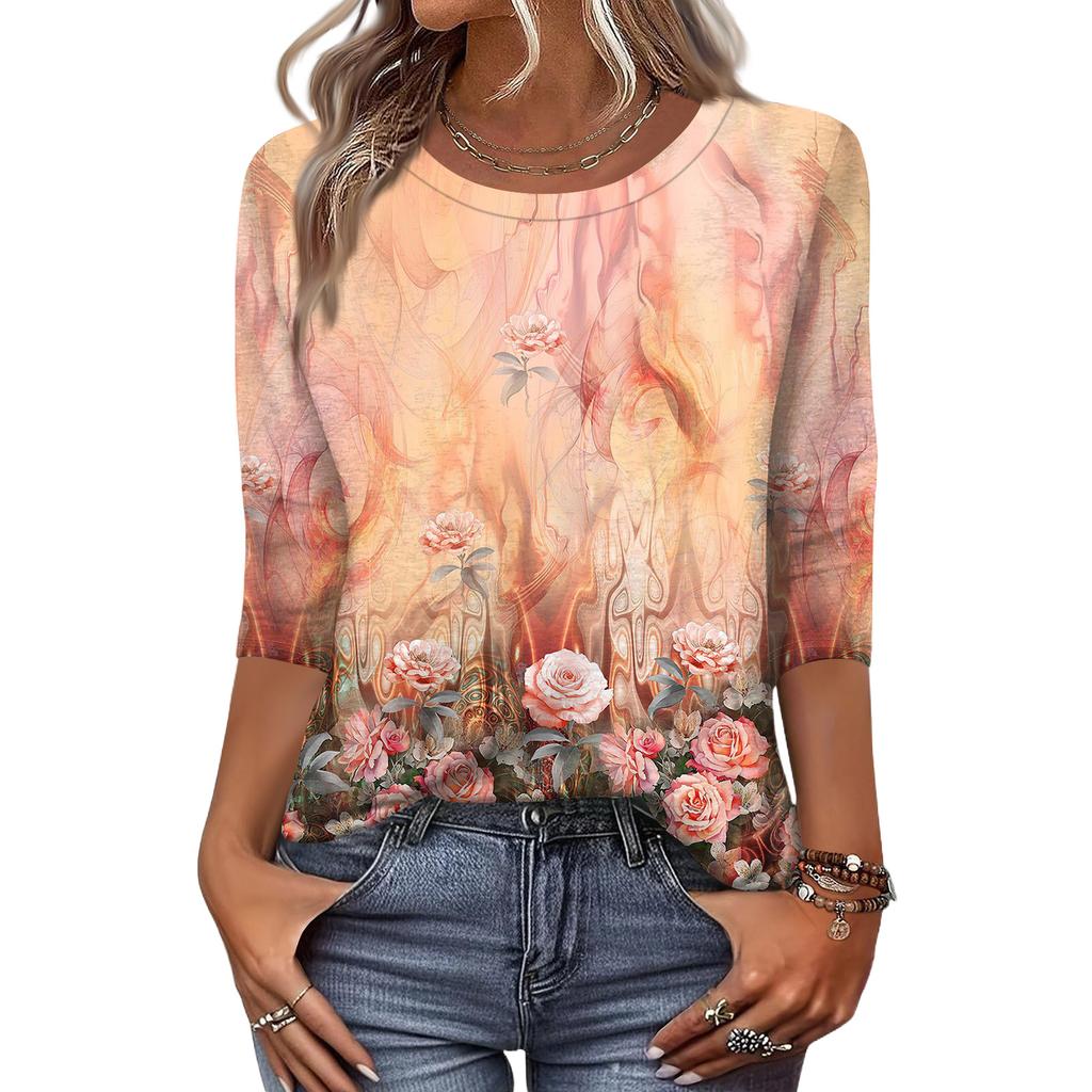 Women's Fashion Casual Round Neck 3/4 Sleeve Loose Printed T-Shirt Ladies Top