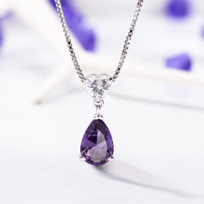 925 Silver Pendant Necklace with Oval Shape Amethyst Gemstones Zircon Hearty Shape Stone Women Party