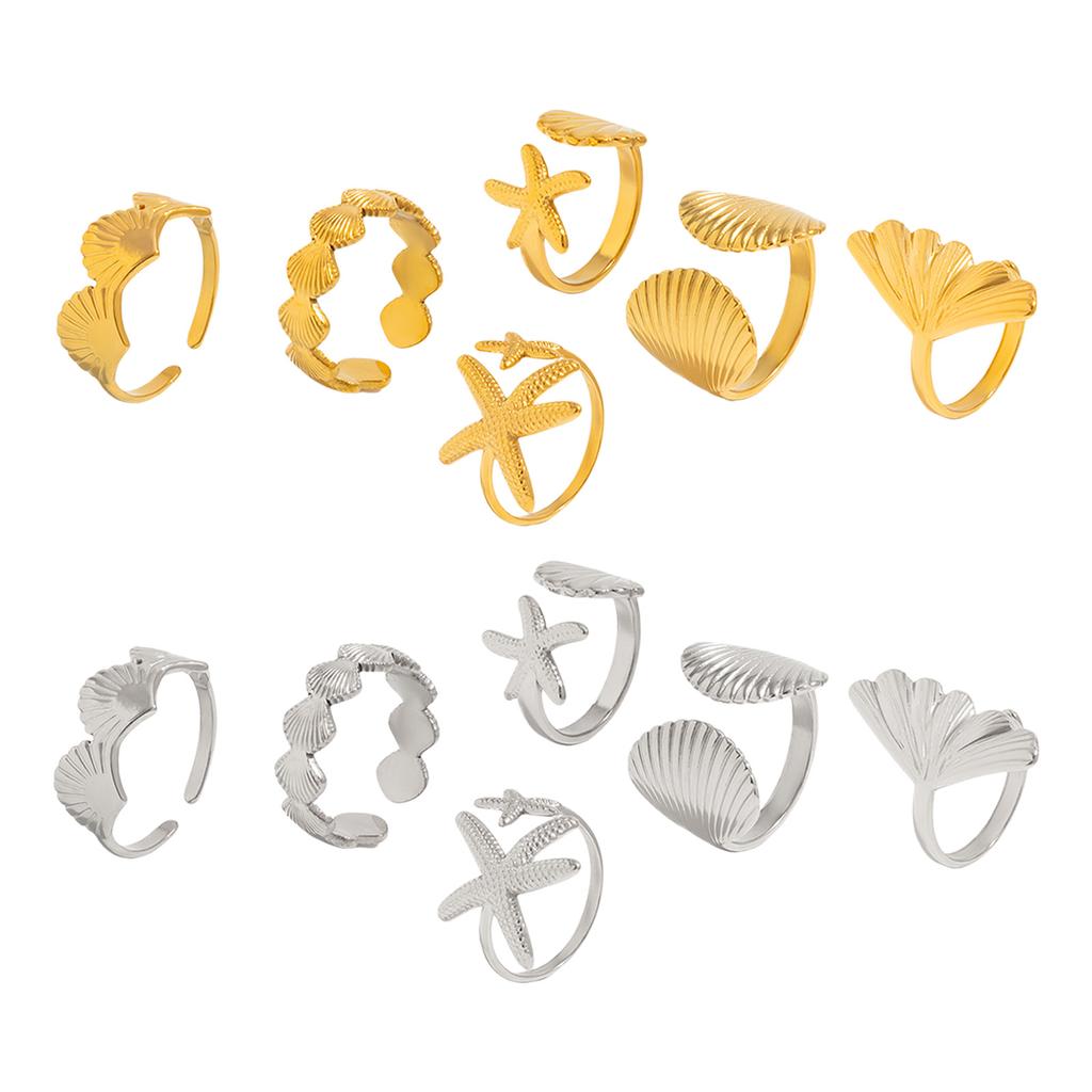 Набор из 6 регулируемых колец в виде морских звезд и ракушек. Ювелирные украшения для отдыха на море. Модные кольца для ношения в несколько рядов.