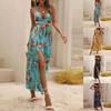 Fashion Women's Printed Open Back Bow Knot Open Collar Slit Dress