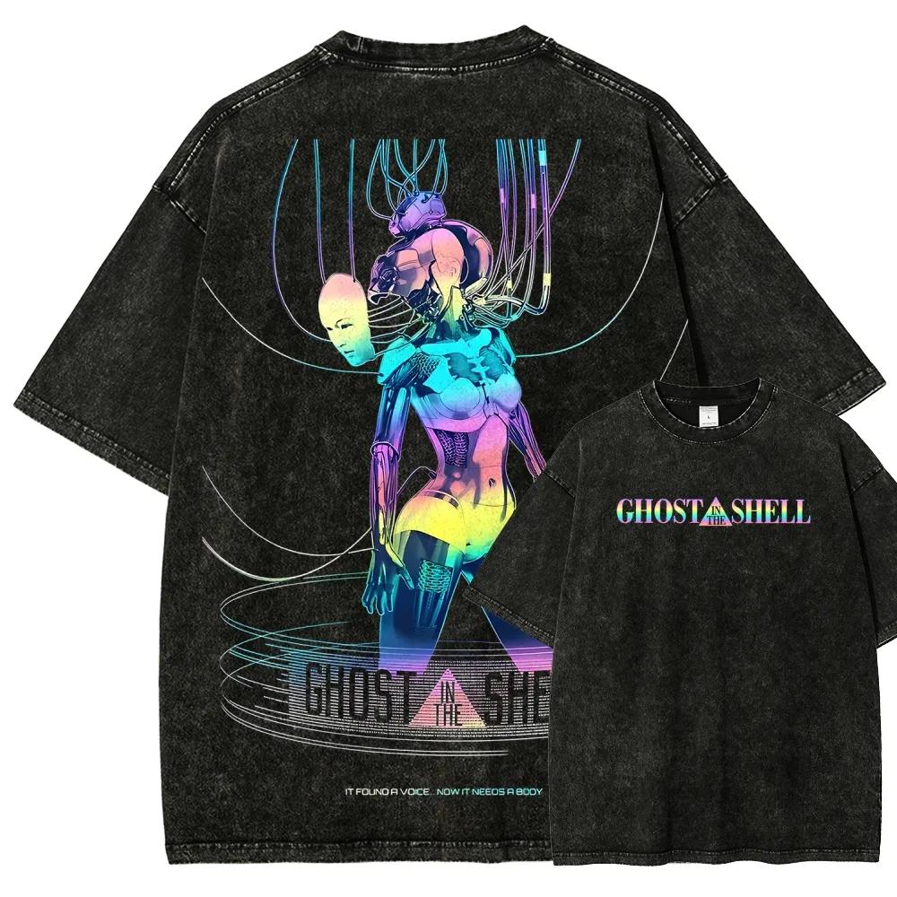 Hot Top Classic Punk Style Anime Ghost in The Shell Graphic Print T-Shirt Men Women Retro Washed Cotton Oversized Summer New Tee