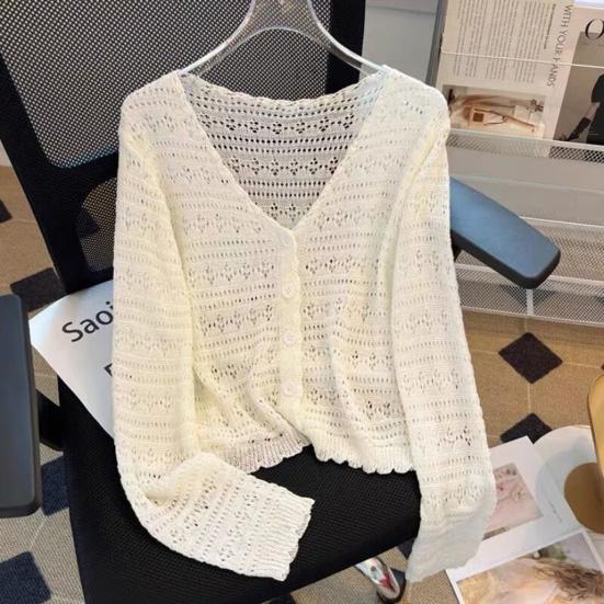 Женский пляжный crochet-вязаный кардиган-накидка в стиле бохо с вырезами, длинный рукав, на пуговицах, летние рубашки для защиты от солнца