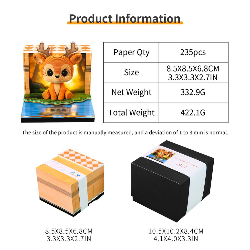 Cute Cartoon Animal Style 3d Memo Pad with Light and Calendar 2027,Forest Fawn Artistic Tear-Away Paper Sculpture Notepad