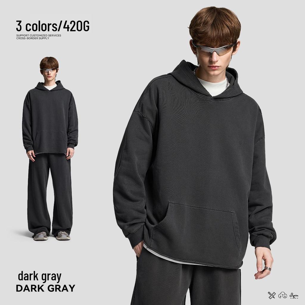 Осень 2025 Винтажная стираная толстовка-пуловер из 100% хлопка плотностью 420 г для пар