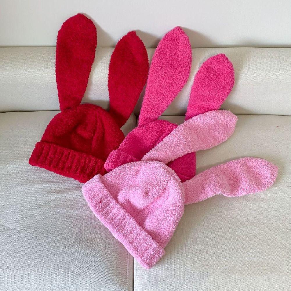 Knitted Rabbit Ear Hats Solid Color Plush Skull Cap Lovely Women Beanie Hat Girl