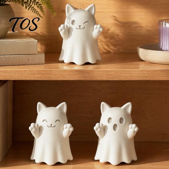 3D Printed Cat Sculptures Cute Ghost Figurine, Wink Smile Surprise Spooky Halloween Decor, Lover Gifts Blank White DIY Paintable Statue, Stable