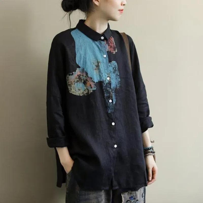Осень Женские 2024 Новые Сшитые Рубашки Блузки Модные Свободные Минималистичные Удобные Повседневные С Длинным Рукавом с Воротником Поло и Принтом на Пуговицах