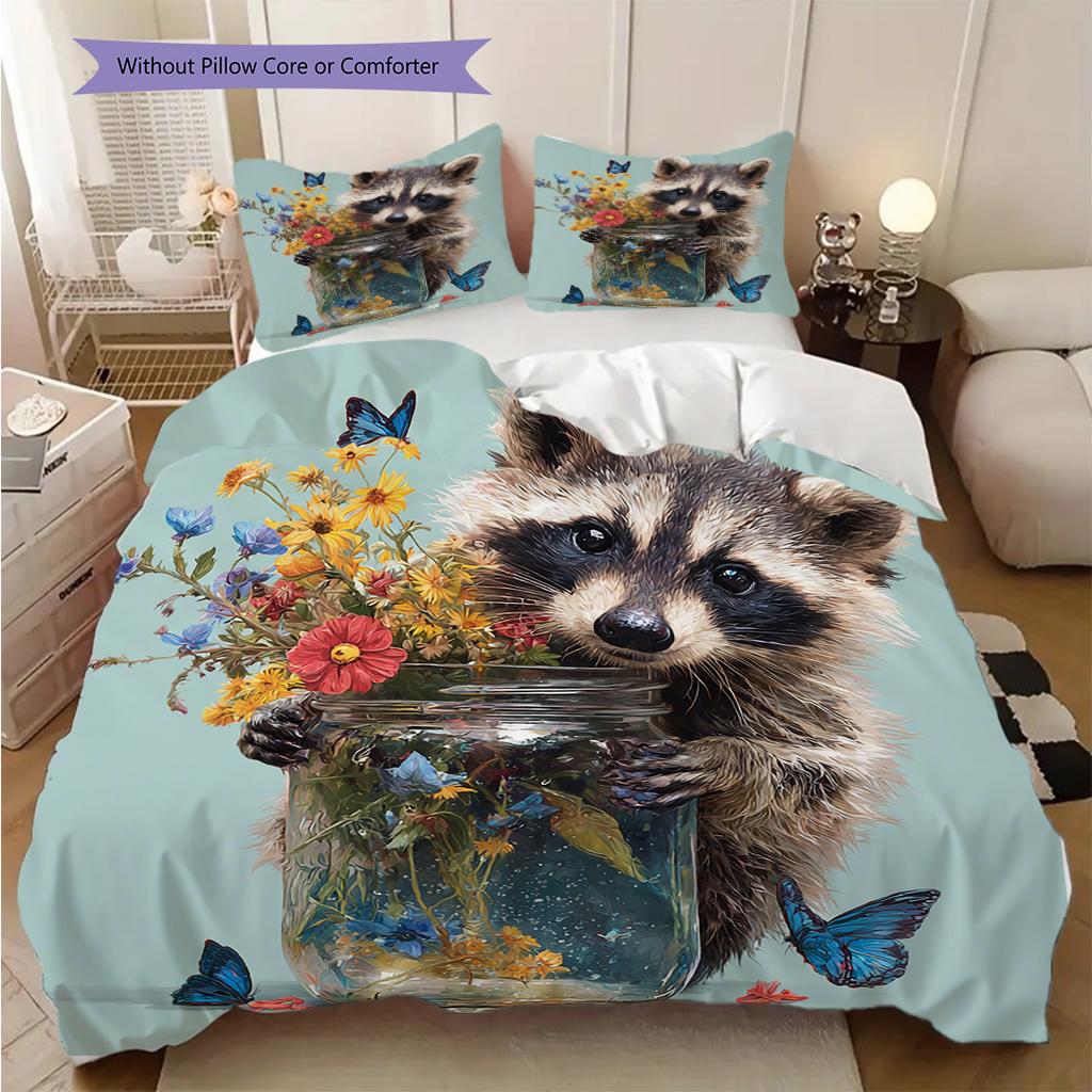 Raccoon Pattern Bedding Quilt Set Quilt Cover Pillowcase Home Decoration Birthday Gift (1 * duvet cover + 2 * pillowcase, without core)