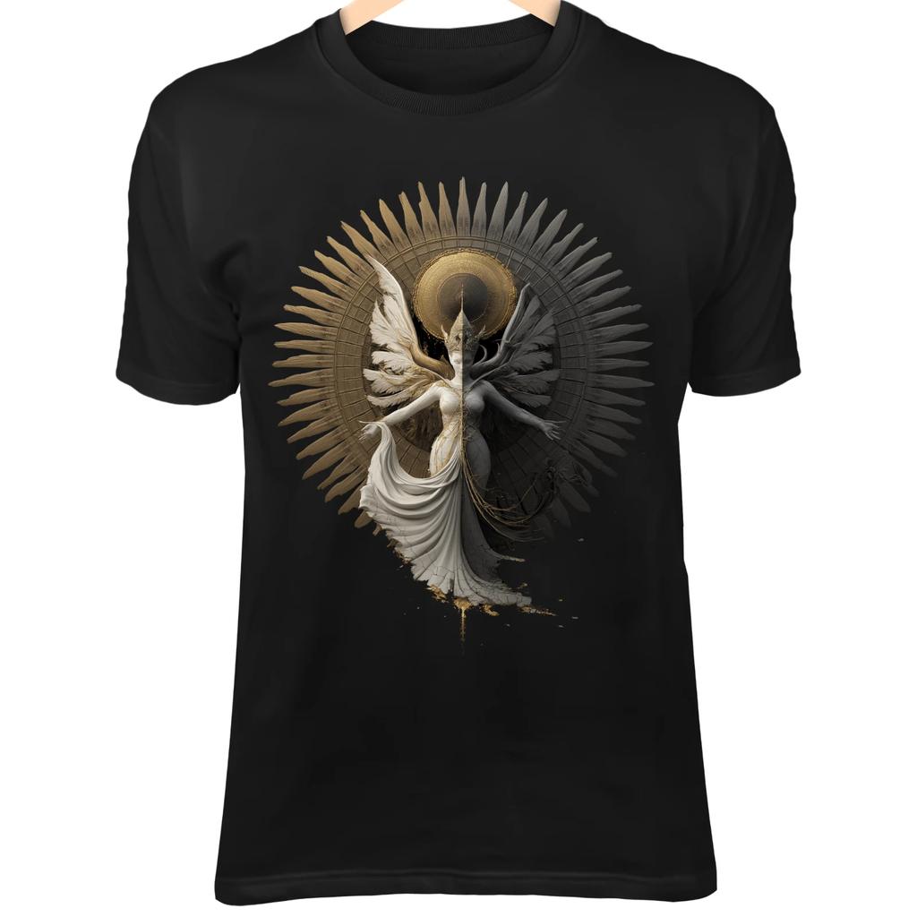 Angel Demon Fusion T-Shirt – Divine Gold & Shadow, Merged Wings, Gothic Fantasy