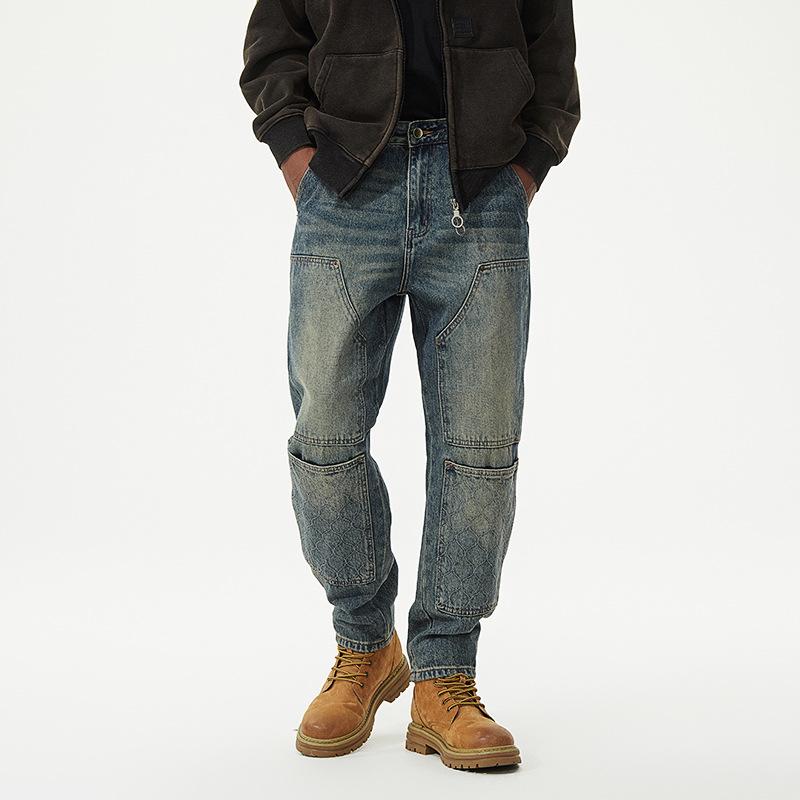 Men's Daddy Denim Tooling Multi-Pocket Trousers New Retro Old Wash Straight Harlan Jeans American