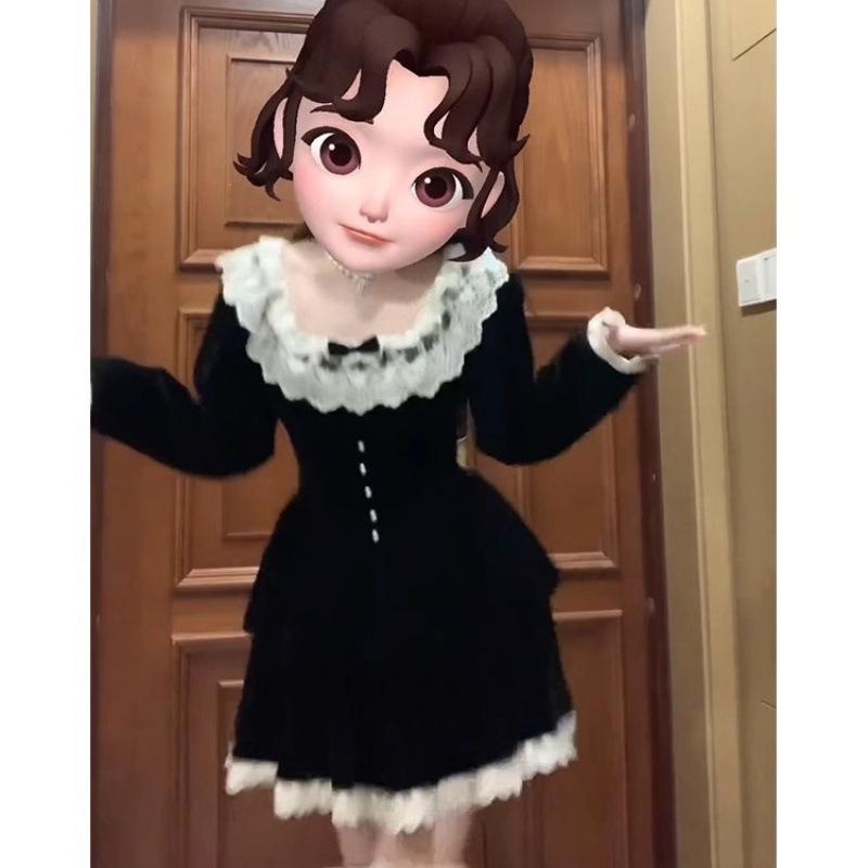 Elegant French High-End Petite Velvet Dress for Autumn/Winter 2026 in Black and Gold