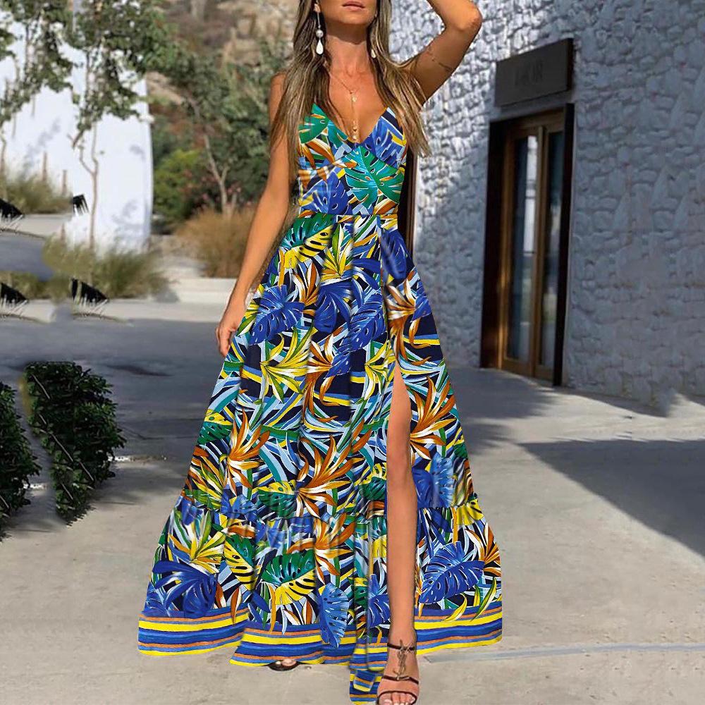 Summer new European and American women's clothing fashionable and sexy deep v suspender dress printed sleeveless split, long dress