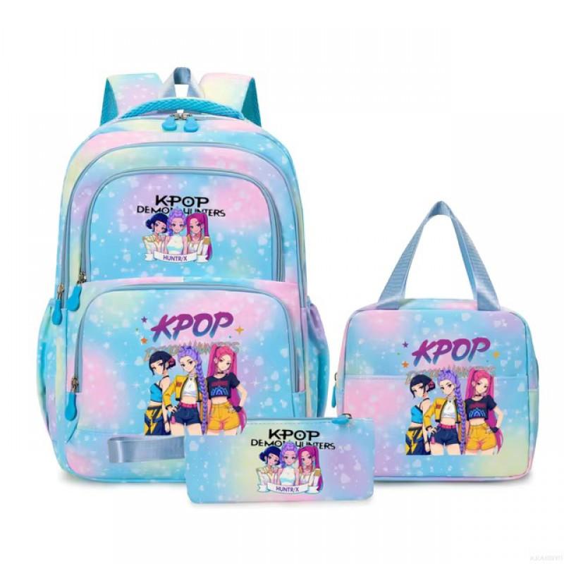 K-Pop Inspired Cartoon School Backpack Set Teen Girls 3pcs Lunch Bag Main Pencil Case Arc Shoulder Straps British Style