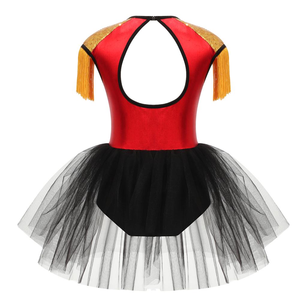 Girls Circus Ringmaster Costume Sleeveless Sequins Jumpsuit Tassels Open Back Short Unitard Dance Performance Wear