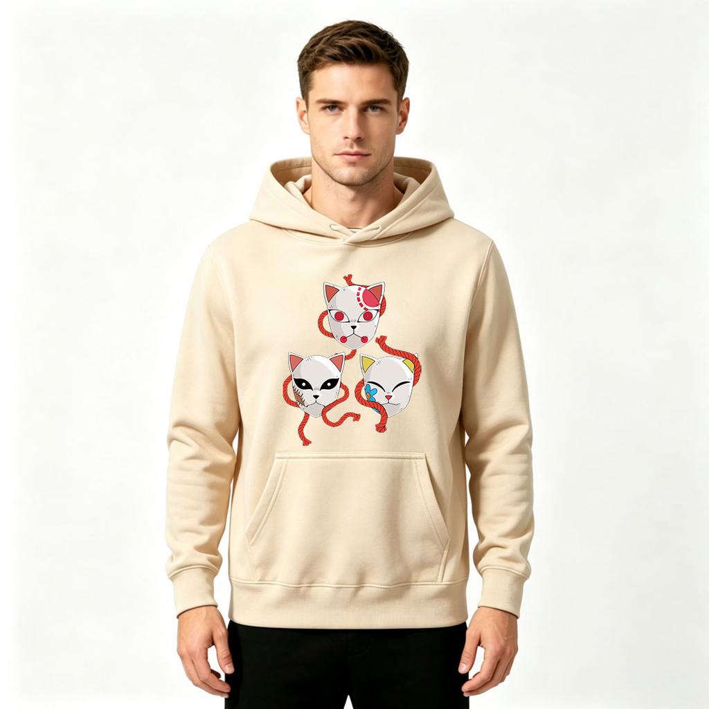 Men's Print Pullover Hoodie,Cat Mask Anime Pattern Casual Long Sleeve Sweatshirt for Daily Wear