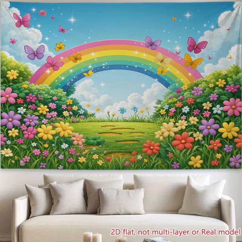 2D Fairy Tale Garden Backdrop, Sparkling Rainbow with Flowers and Butterflies Background for Nursery & Kids Photos