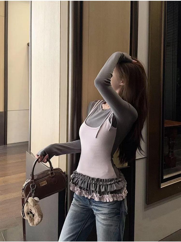 Корейские женские футболки Fake Two Chic Tees Длинные рукава О-образный вырез Оборки Милые майки Бандаж Повседневные футболки Y2k